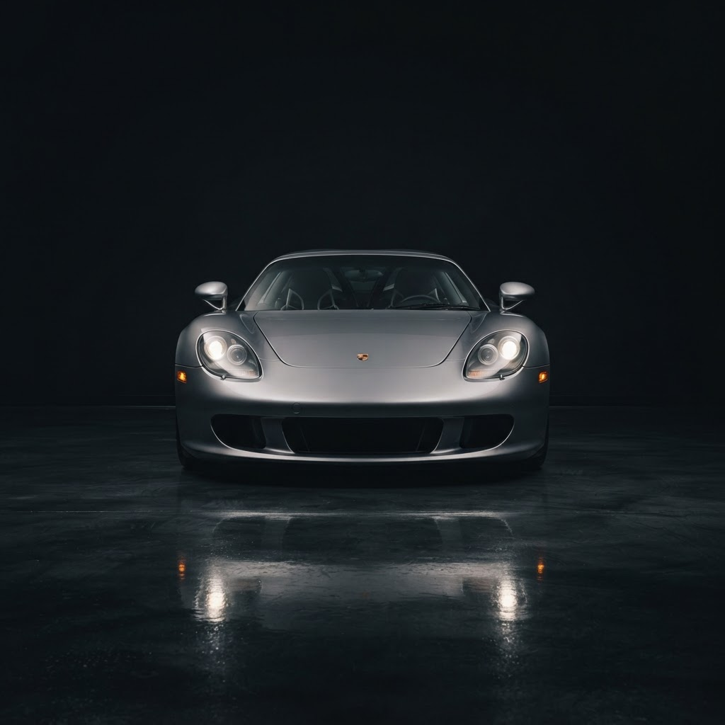 Porsche Carrera GT front view in a dark studio